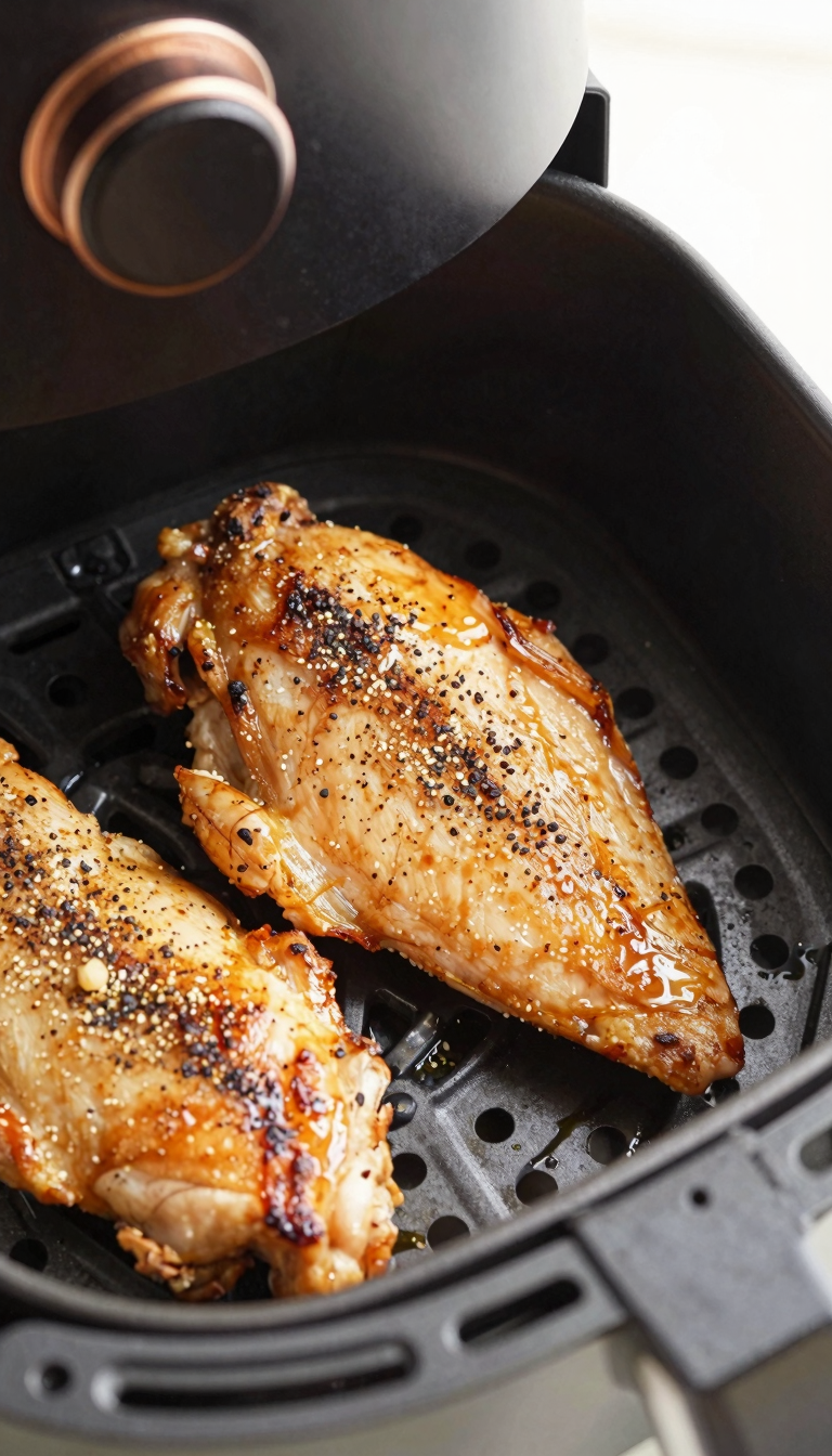 Overhead air fryer chicken breast with seasoning