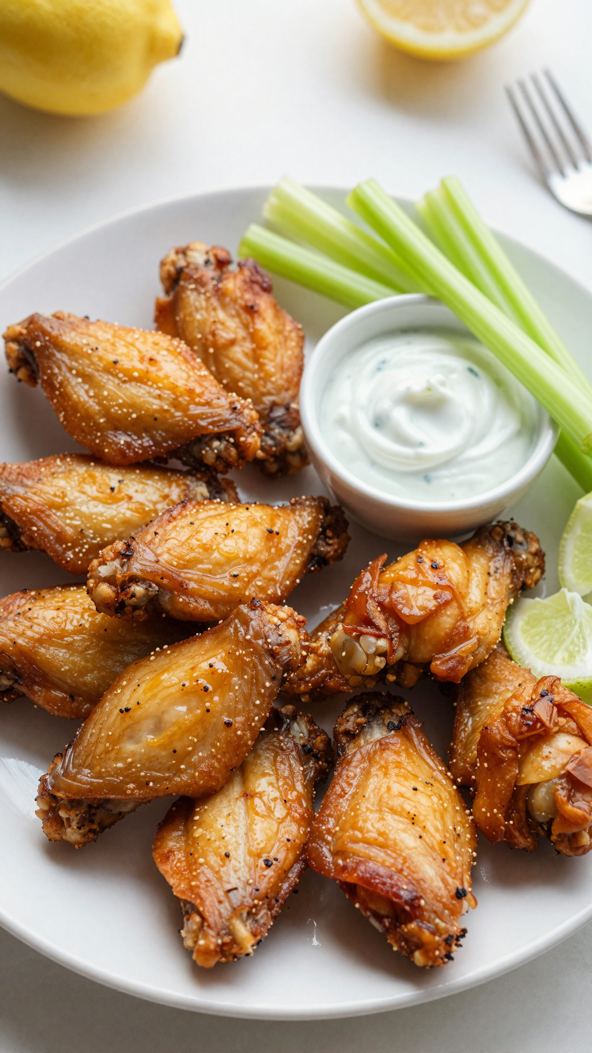 Overhead plate of air fryer chicken wings with celery and dip