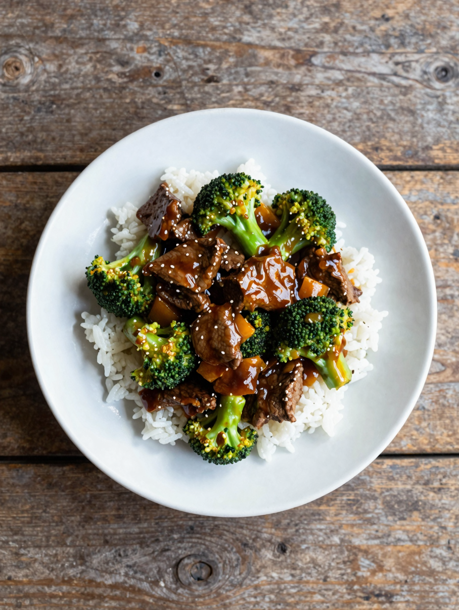 Beef and broccoli stir fry in glossy sauce over rice