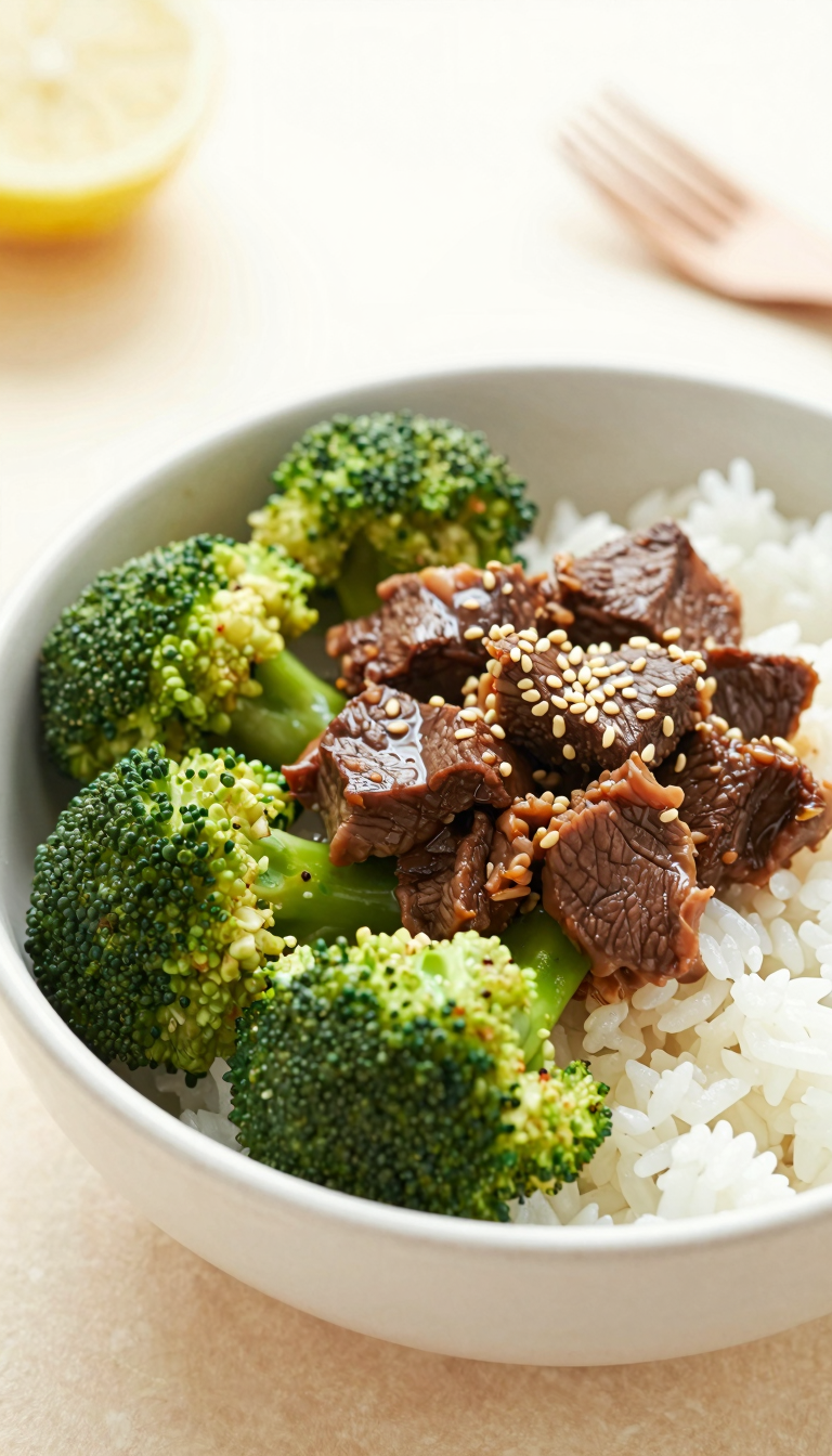 Overhead bowl of beef and broccoli with rice and sesame garnish