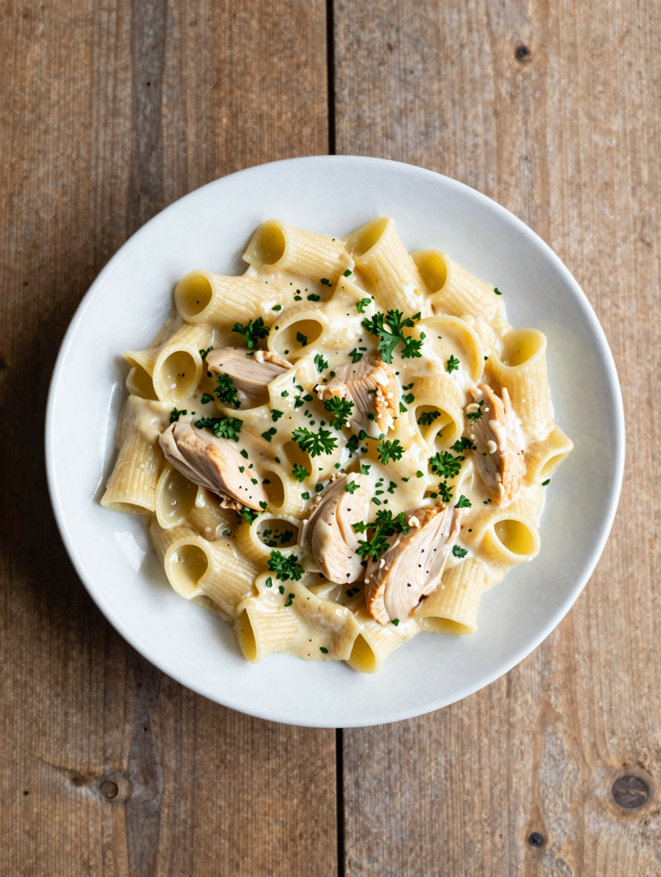 Bowl of creamy chicken alfredo pasta with parsley garnish