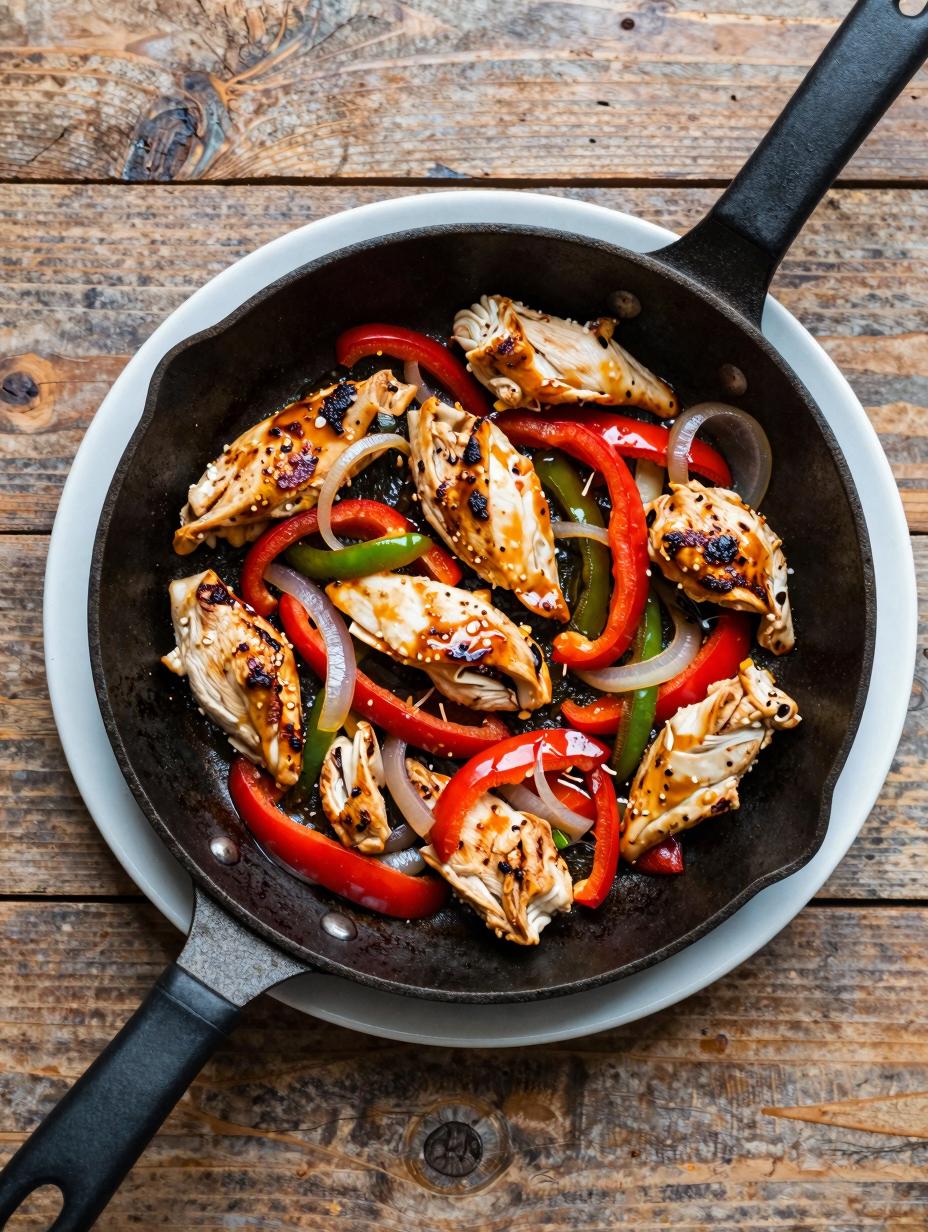 Sizzling skillet of chicken fajitas with peppers and onions