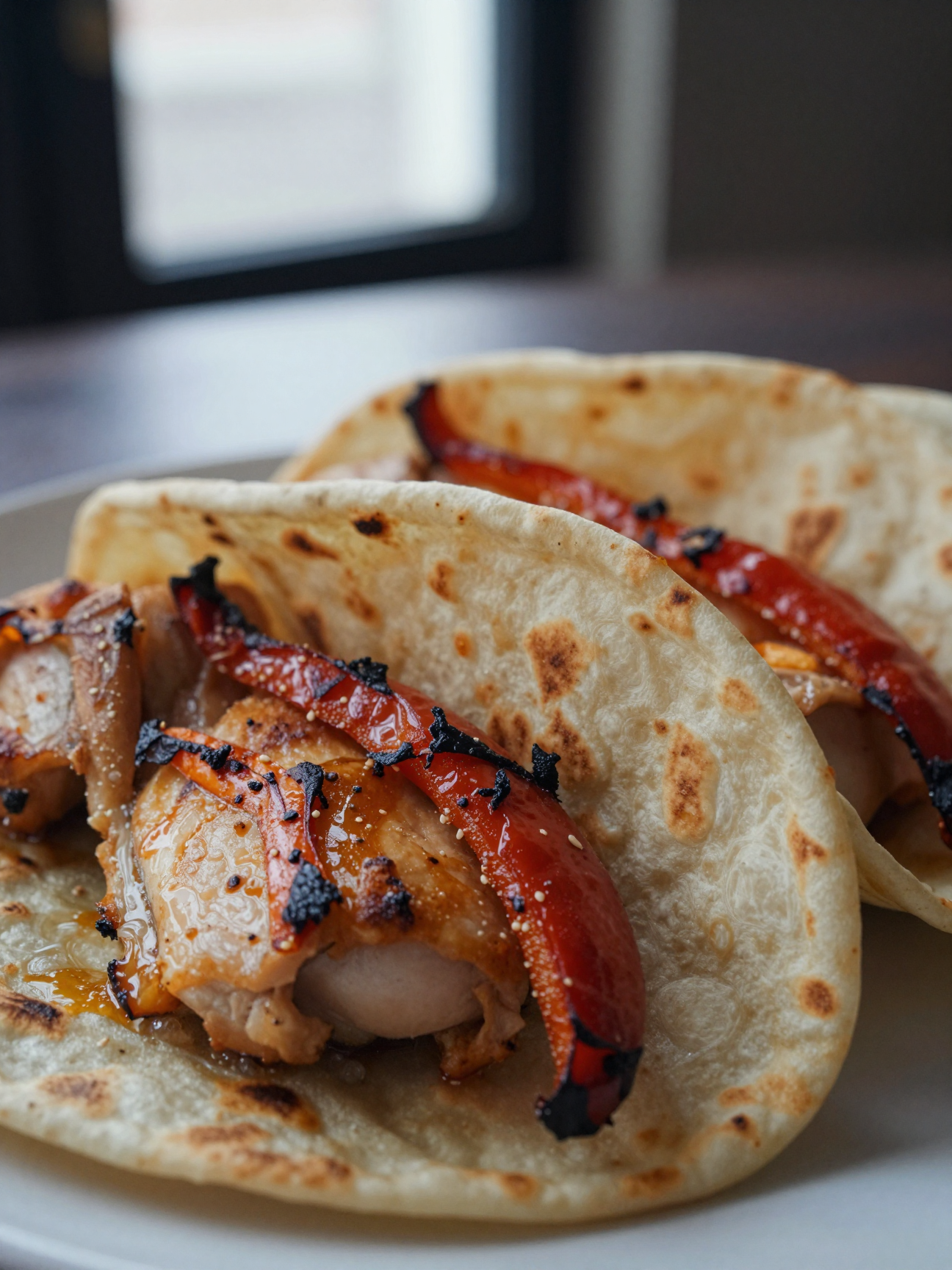 Close-up of chicken fajitas showing charred pepper edges