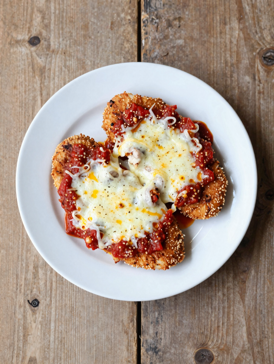 Chicken parmesan cutlet topped with marinara and melted mozzarella
