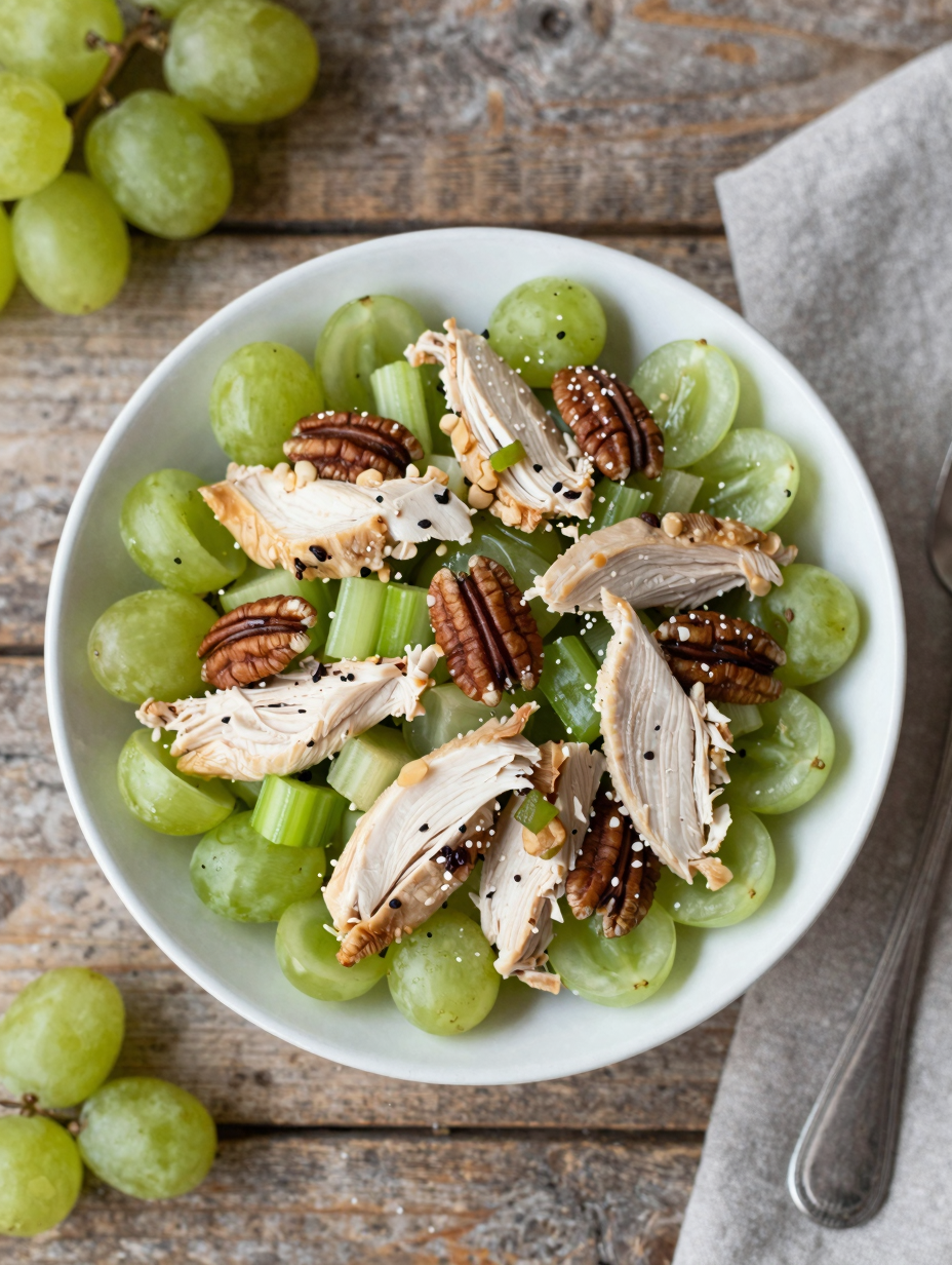 Bowl of chicken salad with grapes, celery and pecans