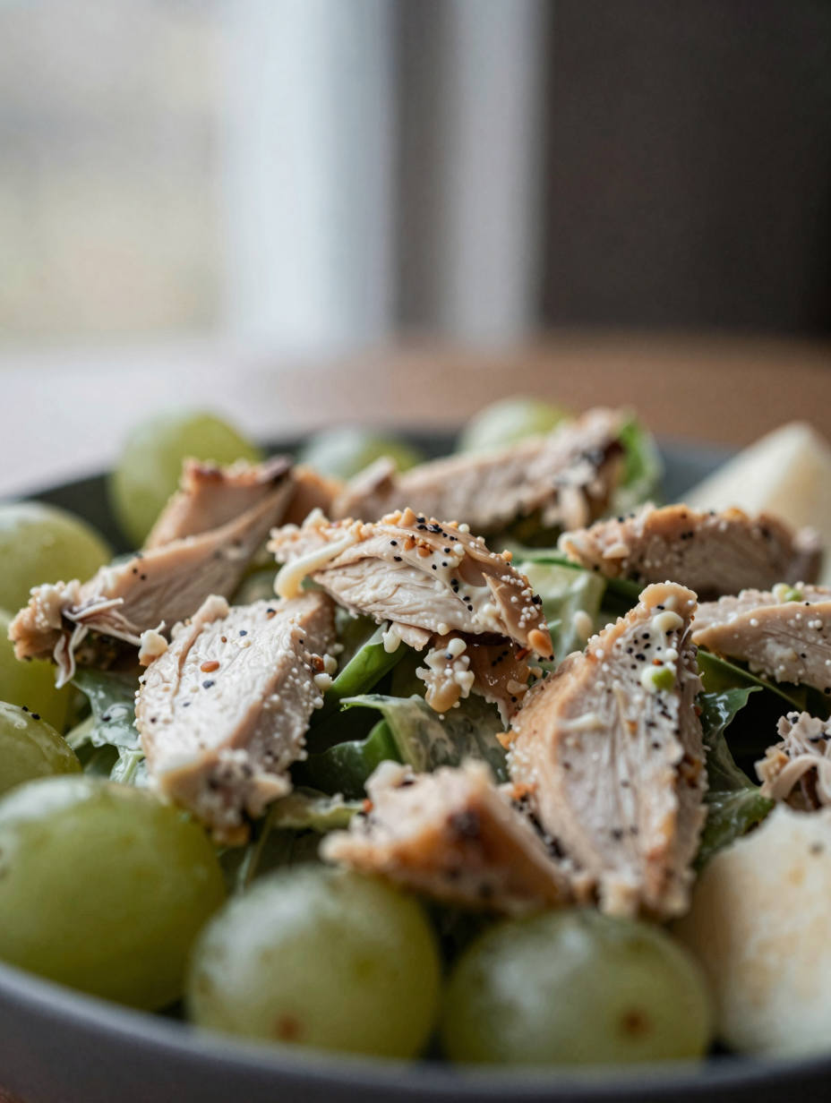 Close-up of chicken salad showing creamy texture with visible chicken and grapes