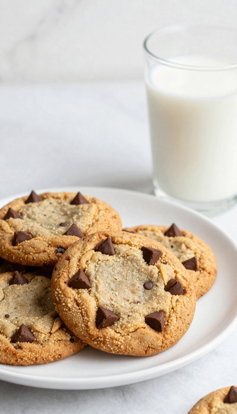 Overhead plate of chocolate chip cookies with a glass of milk