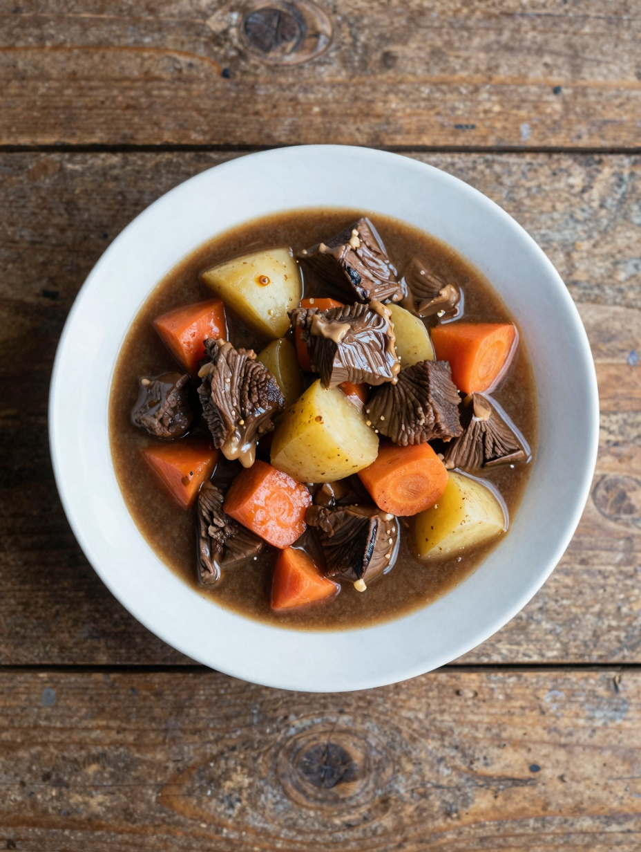 Bowl of crockpot beef stew with tender beef, carrots and potatoes
