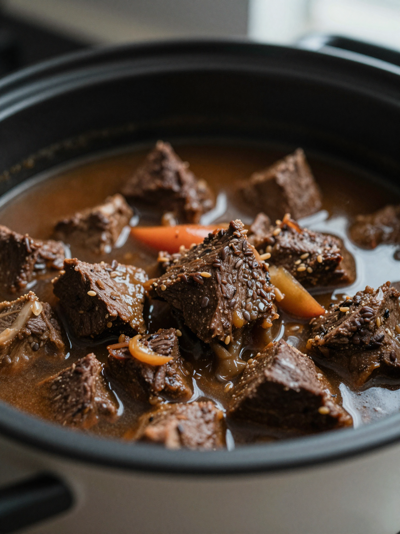 Close-up of crockpot beef stew showing fork-tender beef chunks
