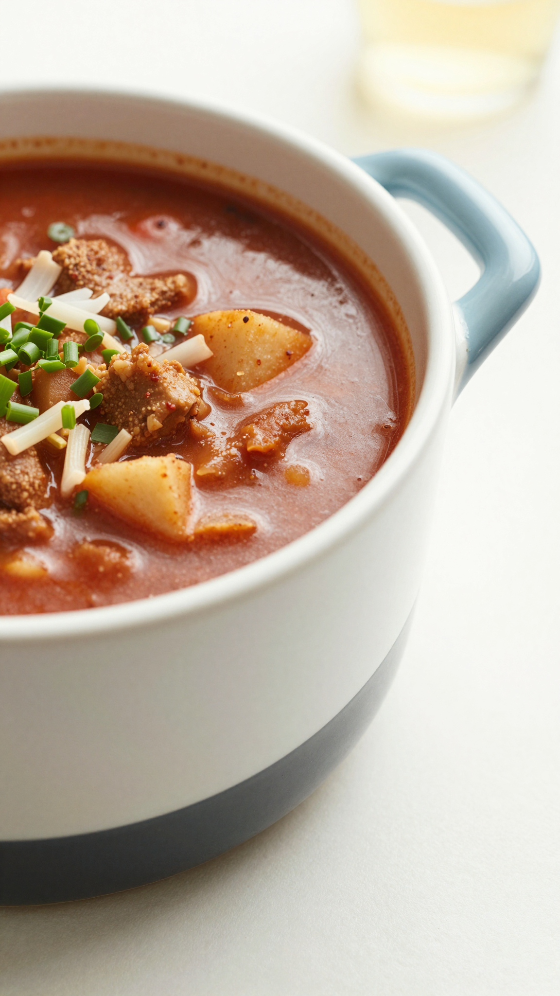 Overhead bowl of crockpot chili with toppings