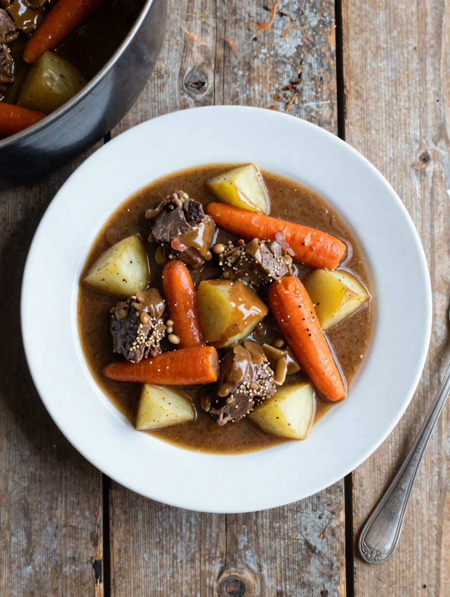 Crockpot pot roast with carrots and potatoes in gravy