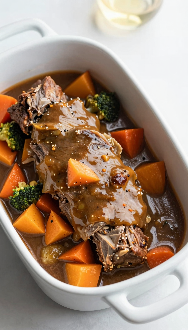 Overhead plate of crockpot pot roast with vegetables and gravy