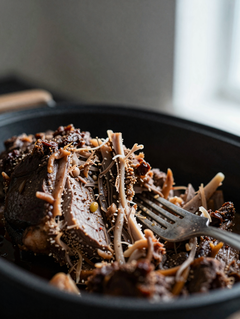 Close-up of fork-tender crockpot pot roast pulled apart