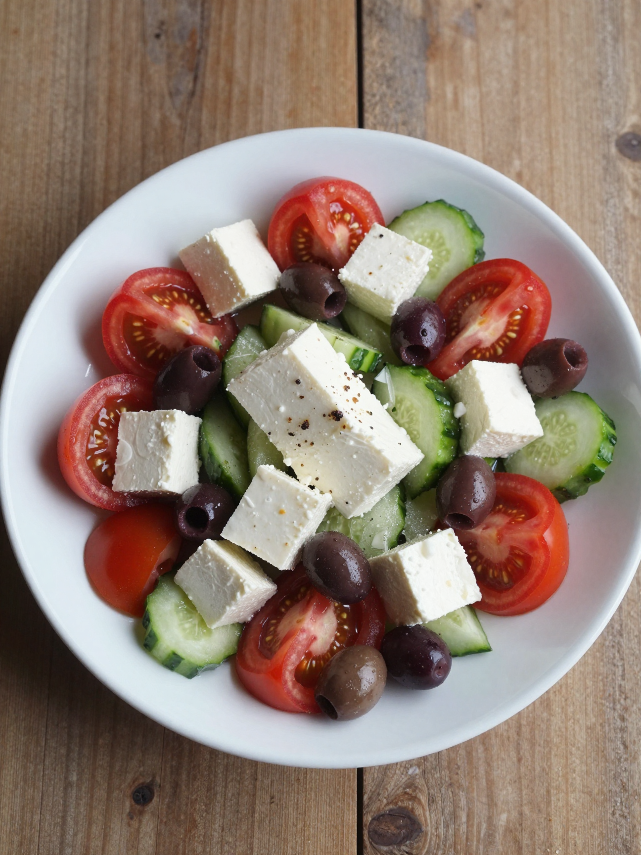 Greek salad with whole feta block, tomatoes, cucumber and olives