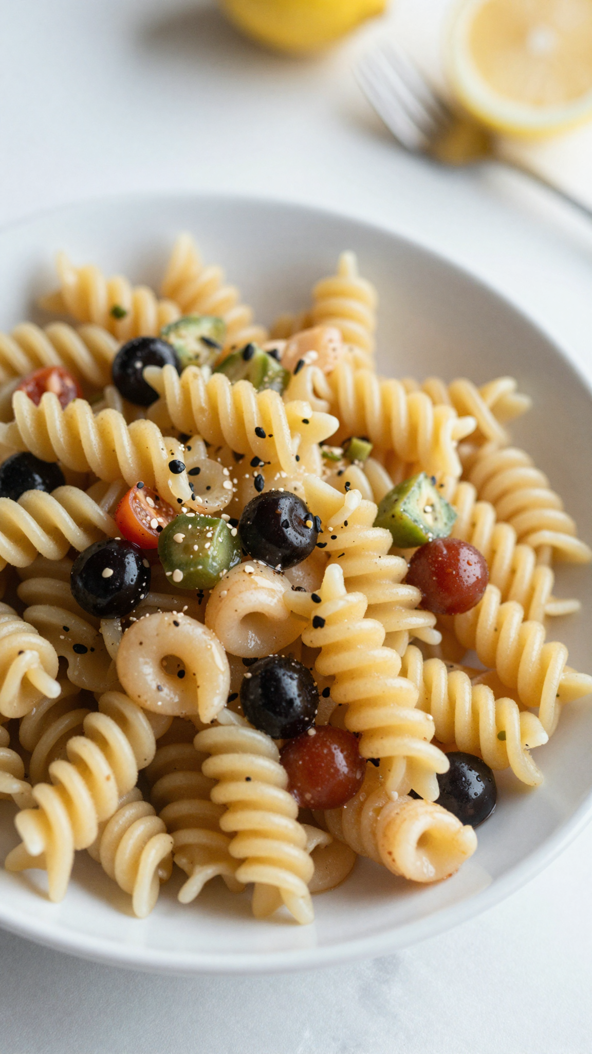 Overhead bowl of colorful pasta salad ready to serve