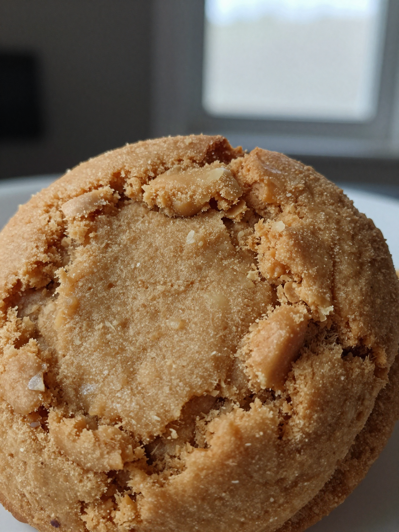 Close-up of peanut butter cookie showing dense crumbly texture