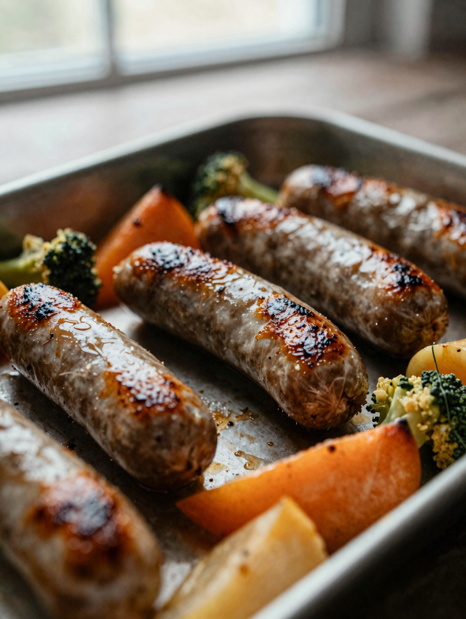 Close-up of sheet pan sausage and vegetables showing browned roasted edges
