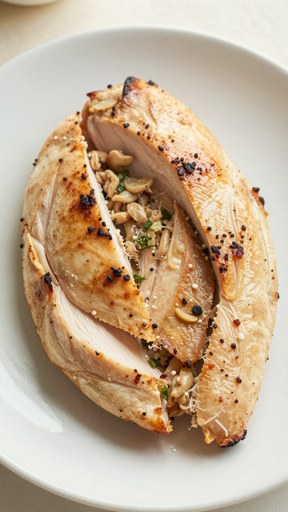 Overhead plate of stuffed chicken breast sliced open